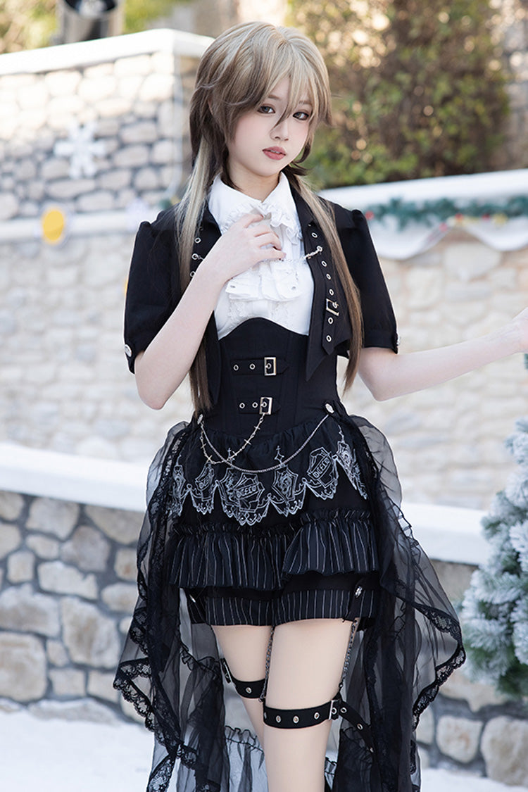 Black Lapel Collar Short Sleeves Lace Prince Ouji Lolita Three-piece Set - Black - 1