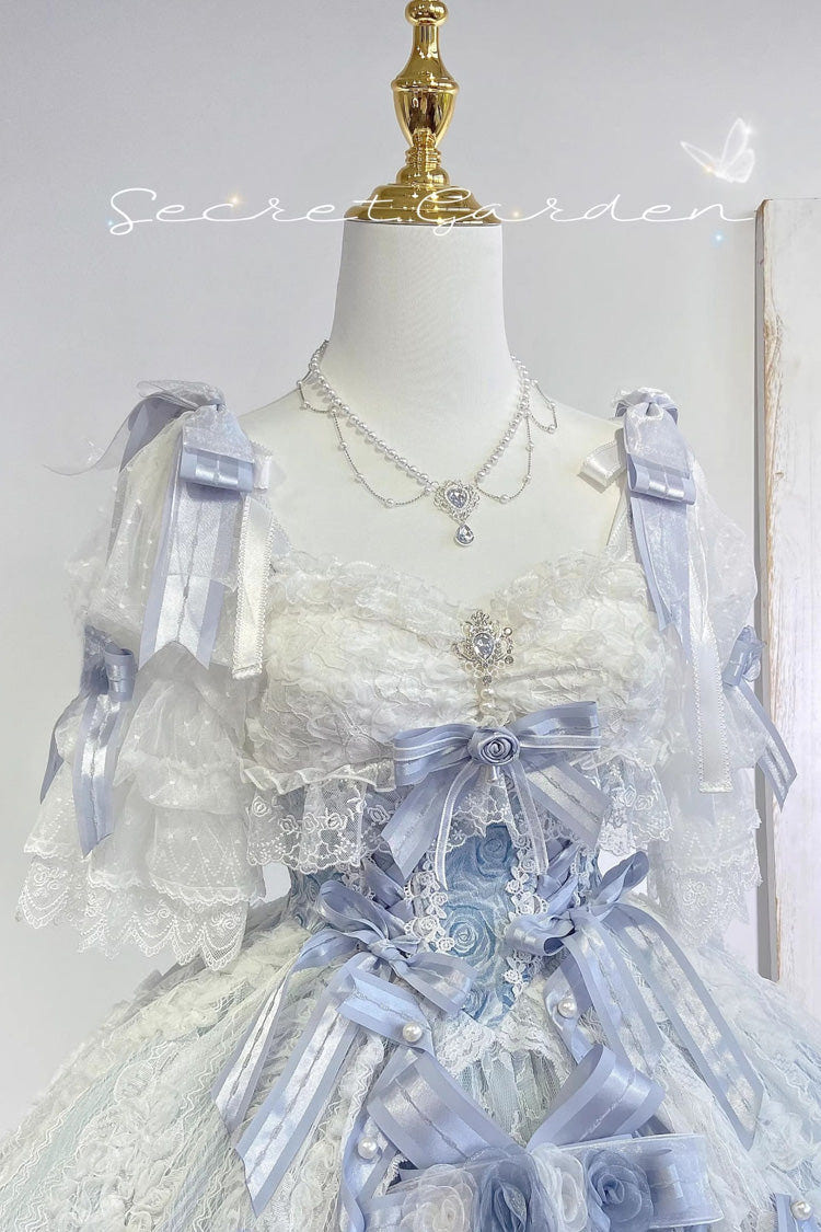 Blue [Diane Rose] Short Sleeves Multi-Layered Jacquard Ruffle Hanayome Cardigan Bowknot Lace Sweet Lolita Dress - Product - 20