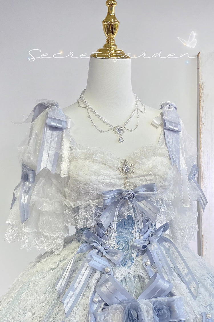 Blue [Diane Rose] Short Sleeves Multi-Layered Jacquard Ruffle Hanayome Cardigan Bowknot Lace Sweet Lolita Dress - Product - 20