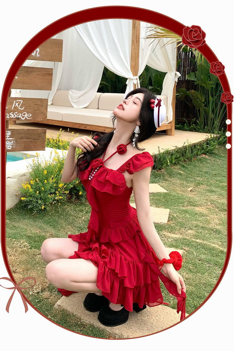 Red [Summer Seaside] Short Sleeves Triple-Layered Ruffle Bowknot Irregular Holiday Style Sweet Lolita Dress - Product - 7