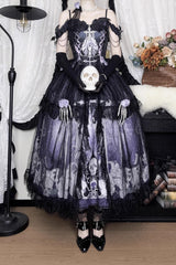 Black/Blue [Skull Magic] Print Ruffle Bowknot Gothic Elegant Lolita Skirt Two-Piece Set - Product - 13