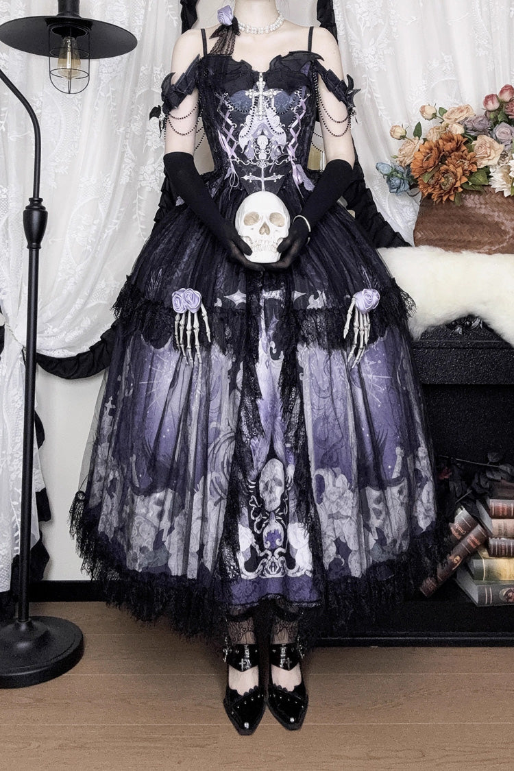 Black/Blue [Skull Magic] Print Ruffle Bowknot Gothic Elegant Lolita Skirt Two-Piece Set - Product - 13