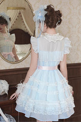 Blue [Frosted Cake] Stand Collar Sleeveless Ruffled Bow Lace Sweet Japanese Princess Lolita Tiered Dress - Product - 3