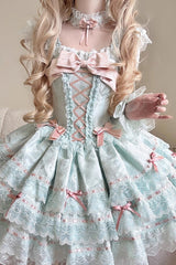 Green [Flora Isle Butterfly] Sleeveless Ruffle Bowknot Lace Lace-Up Sweet Elegant Lolita Jsk Dress - Product - 9
