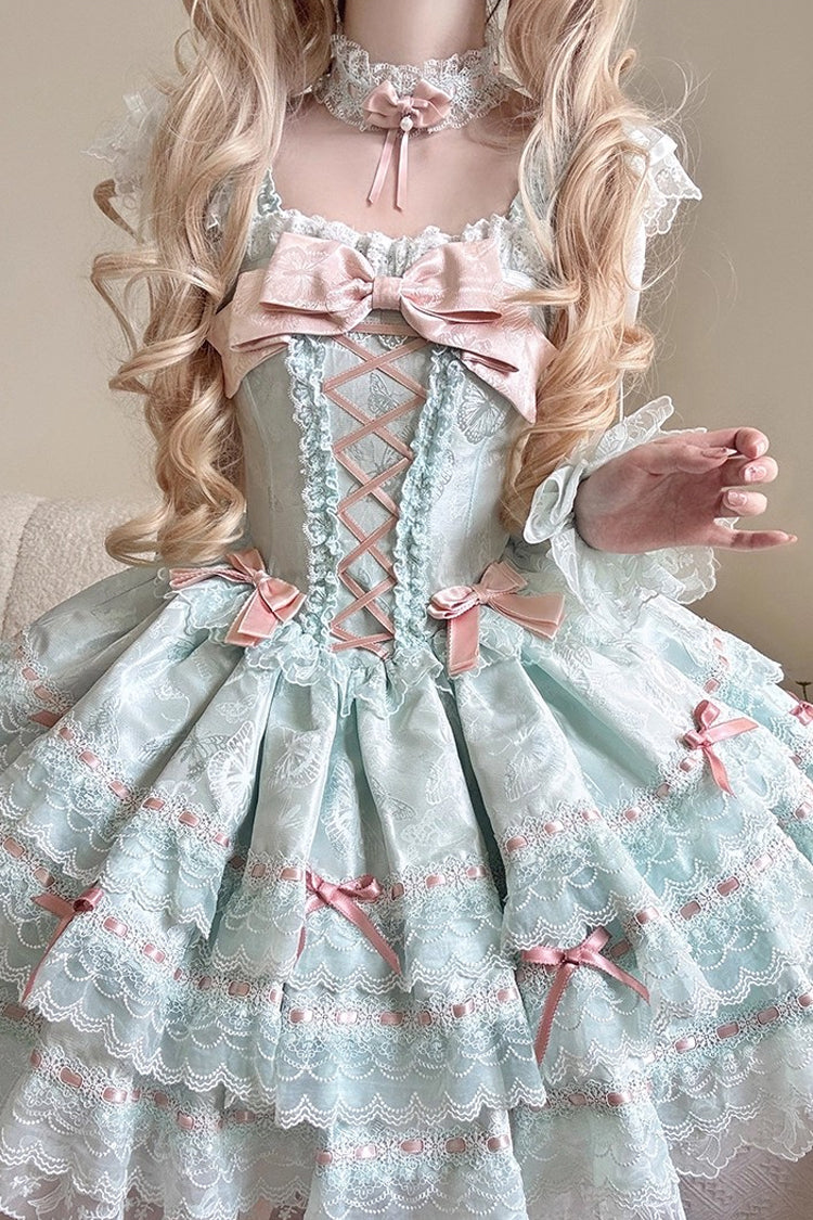 Green [Flora Isle Butterfly] Sleeveless Ruffle Bowknot Lace Lace-Up Sweet Elegant Lolita Jsk Dress - Product - 9