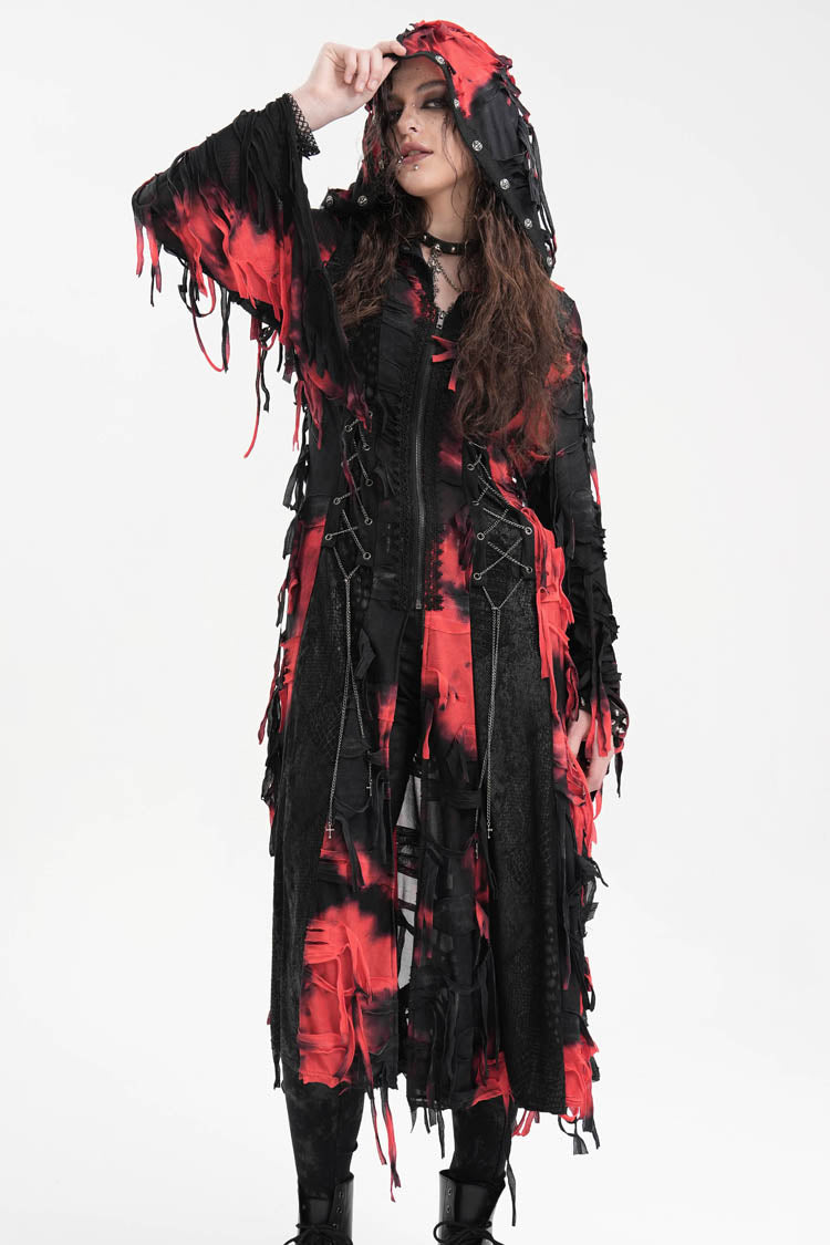 Black/Red Long Sleeves Lace Ripped Zipper Women's Punk Coat - Product - 10