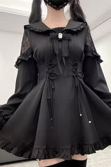 Black [Truffle Forest] Long Sleeves Ruffle Stitching Lace-Up Jirai Kei Japanese Dress Shorts Set - Product - 4