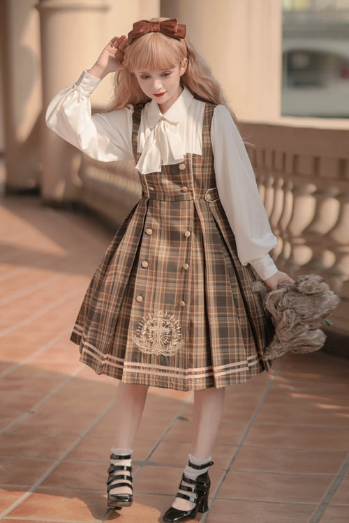 Detective Girl Lapel Collar Double Breasted Embroidery Fake Two Pieces Plaid Sweet Lolita OP Dress - Product - 2