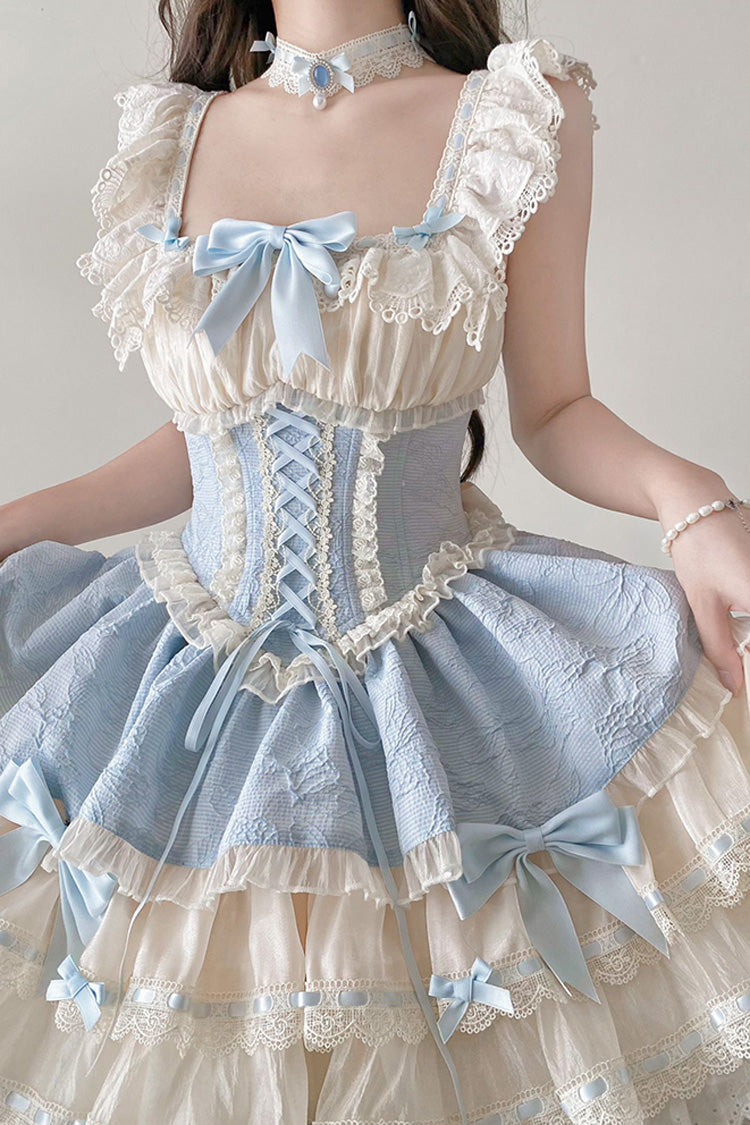 Blue [Flory Butterfly] Double-Layered Ruffle Bowknot Lace Lace-Up Sweet Ballet Lolita Jsk Dress - Product - 3
