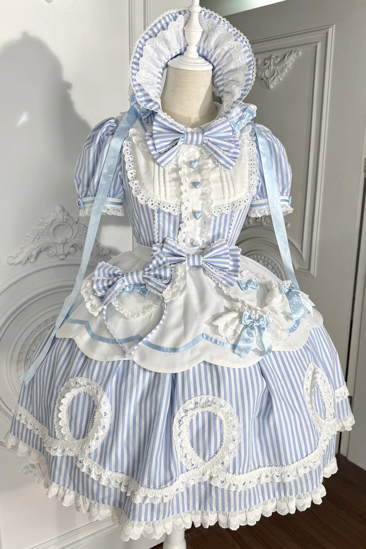 [A Day as a Candy Shop Owner] Peter Pan Collar Short Sleeves Printed Bow Sweet Lolita Dress 3 Colors (Red, Blue, Pink) - Blue - 10
