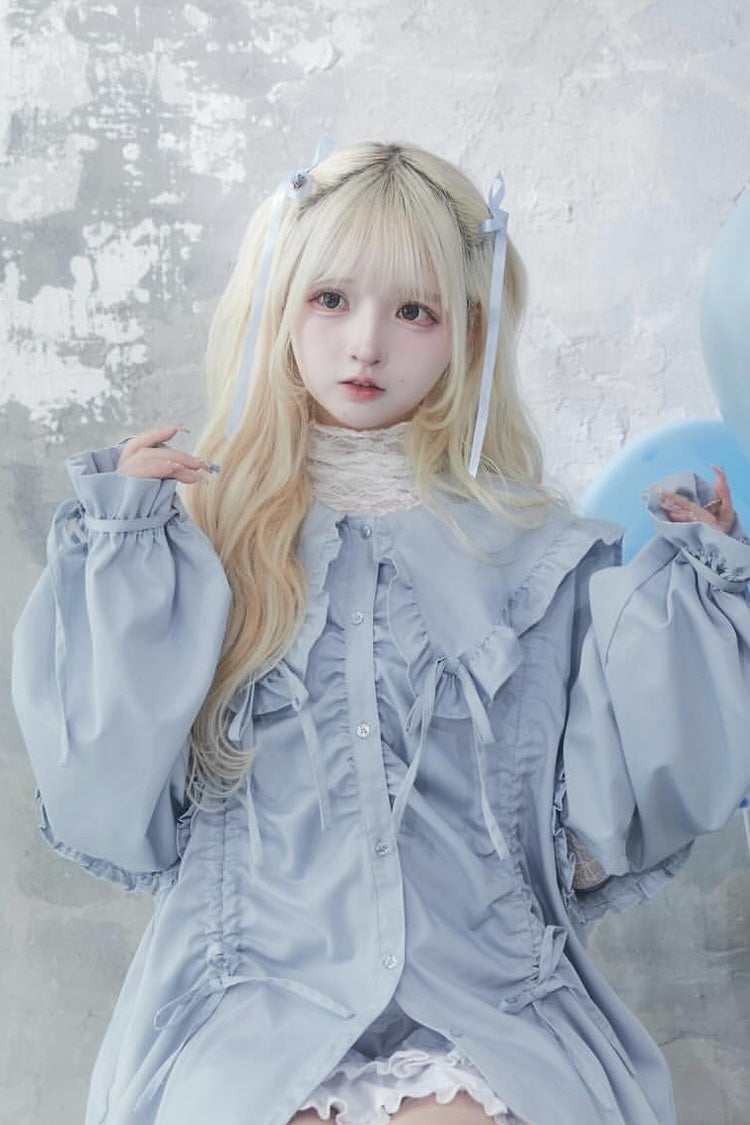 Doll Collar Long Sleeves Ruffle Bowknot Sweet Jirai Kei Japanese Blouse 3 Colors - Product - 16