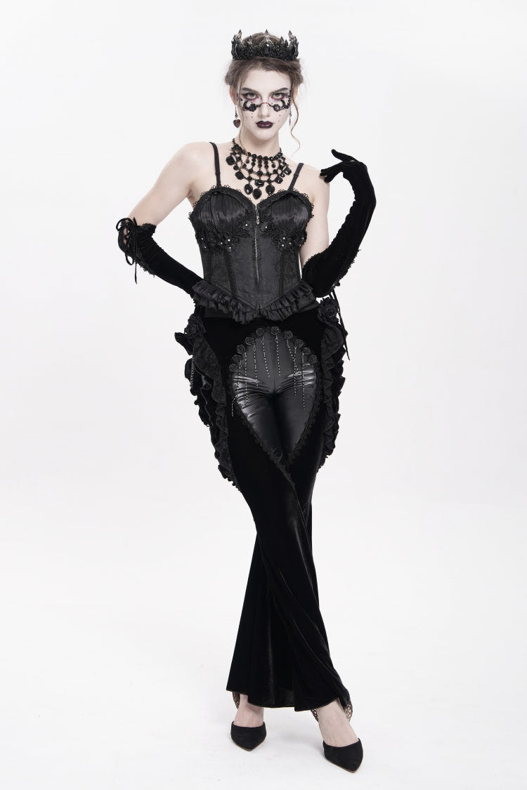 Black Ruffled Spliced Women's Gothic Floral Faux Leather&Velvet Ruffle Pants - Product - 4