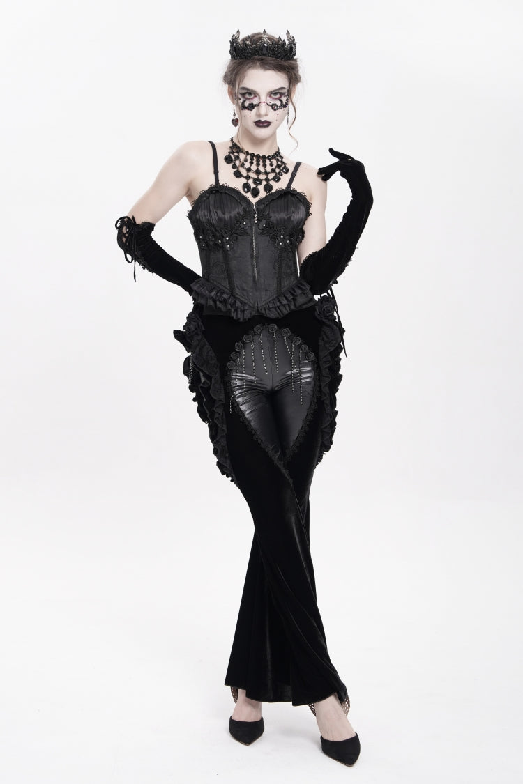 Black Ruffled Spliced Women's Gothic Floral Faux Leather&Velvet Ruffle Pants - Product - 4
