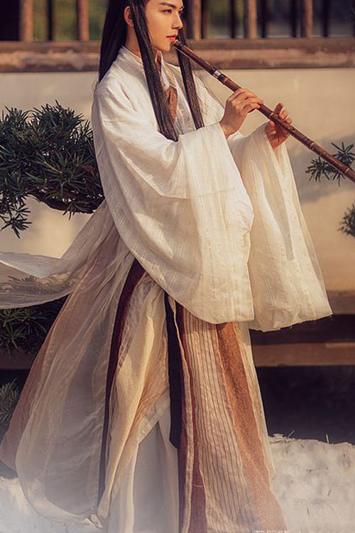 Beige Chinese Style Ancient Costume Knight Wide Sleeved Classic Mens Hanfu Full Set - Product - 2