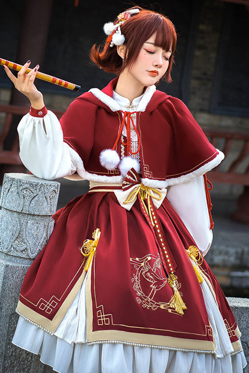 Red Chinese New Year Golden Crane Print Long Sleeve Sweet Lolita OP Dress - Product - 3