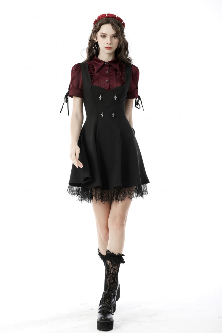 Wine Red Point Collar Short Puff Sleeves Ruffled Women's Gothic Elegant Blouse - Product - 6