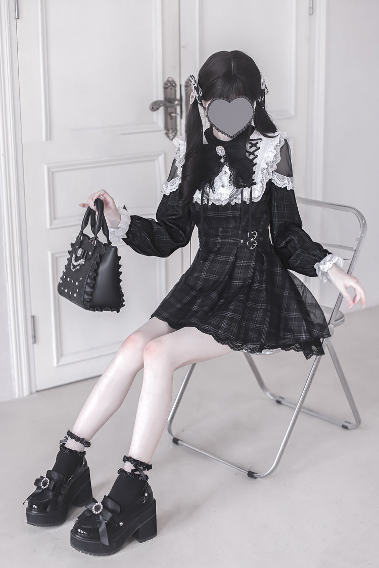 Black [Angel Heartbeat] Long Sleeves Plaid Print Ruffle Bowknot Lace Sweet Jirai Kei Japanese Dress - Product - 2