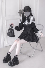 Black [Angel Heartbeat] Long Sleeves Plaid Print Ruffle Bowknot Lace Sweet Jirai Kei Japanese Dress - Product - 2