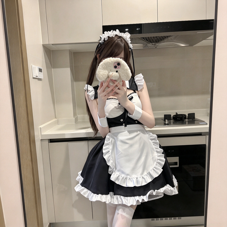 Black and White Ruffled Maid Lolita Dress with Apron Bow Accent - view 4