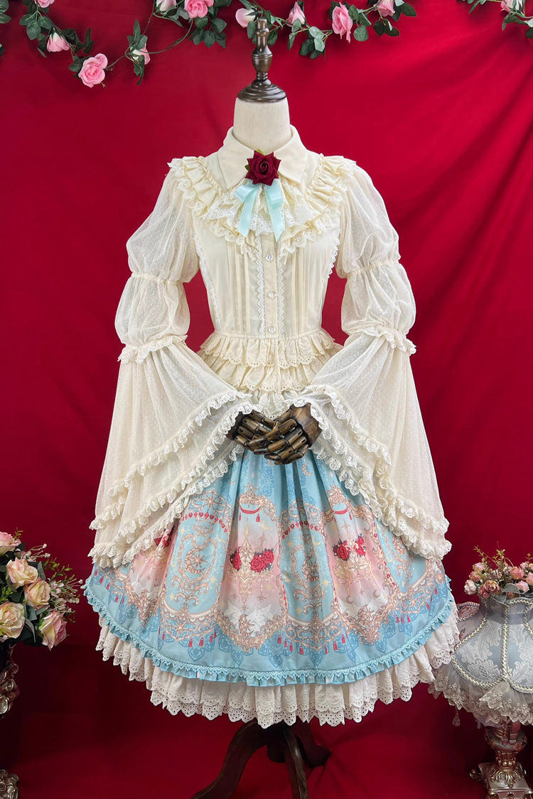 Blue [Moonlit Garden Secret] Print Ruffle Embroidery Lace Sweet Elegant Palace Lolita Skirt - Product - 12