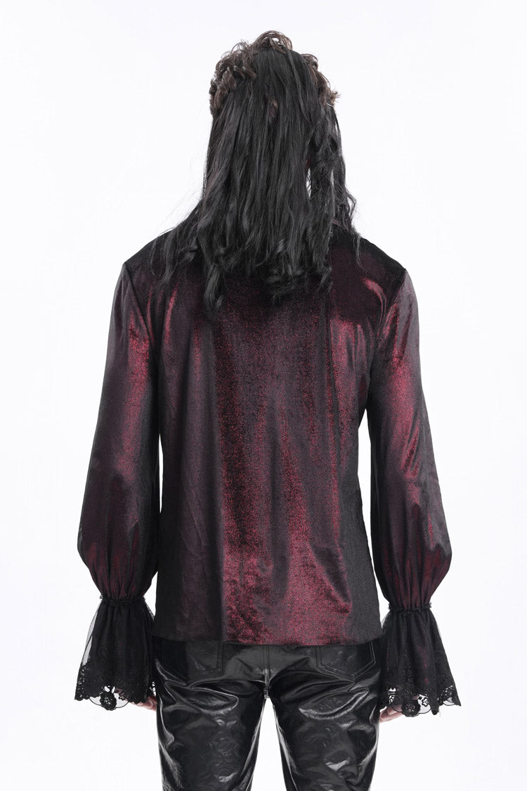 Wine Red V Collar Long Sleeves Lace-Up Chain Men's Gothic Blouse - Product - 6