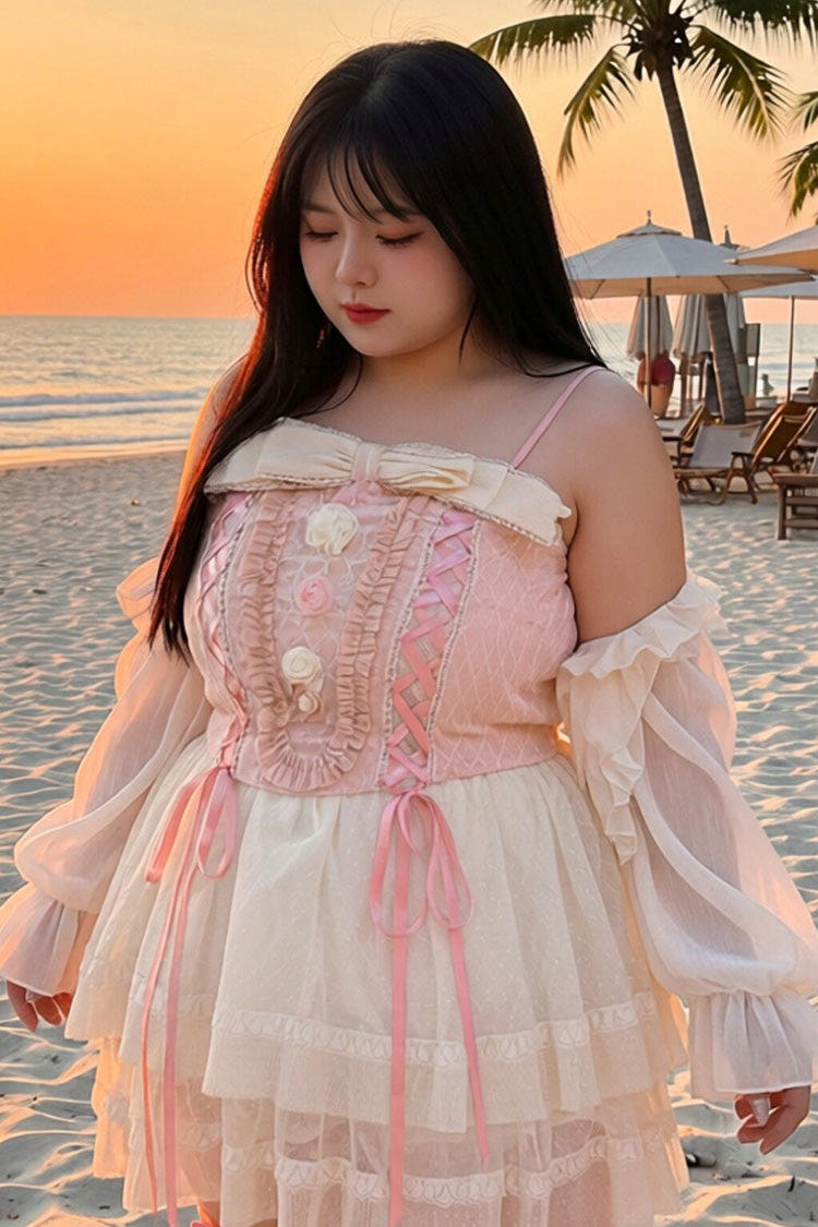 Pink Sleeveless Double-Layered Ruffled Bow Lace-Up Sweet Plus Size Lolita Jsk Dress - Pink - 1