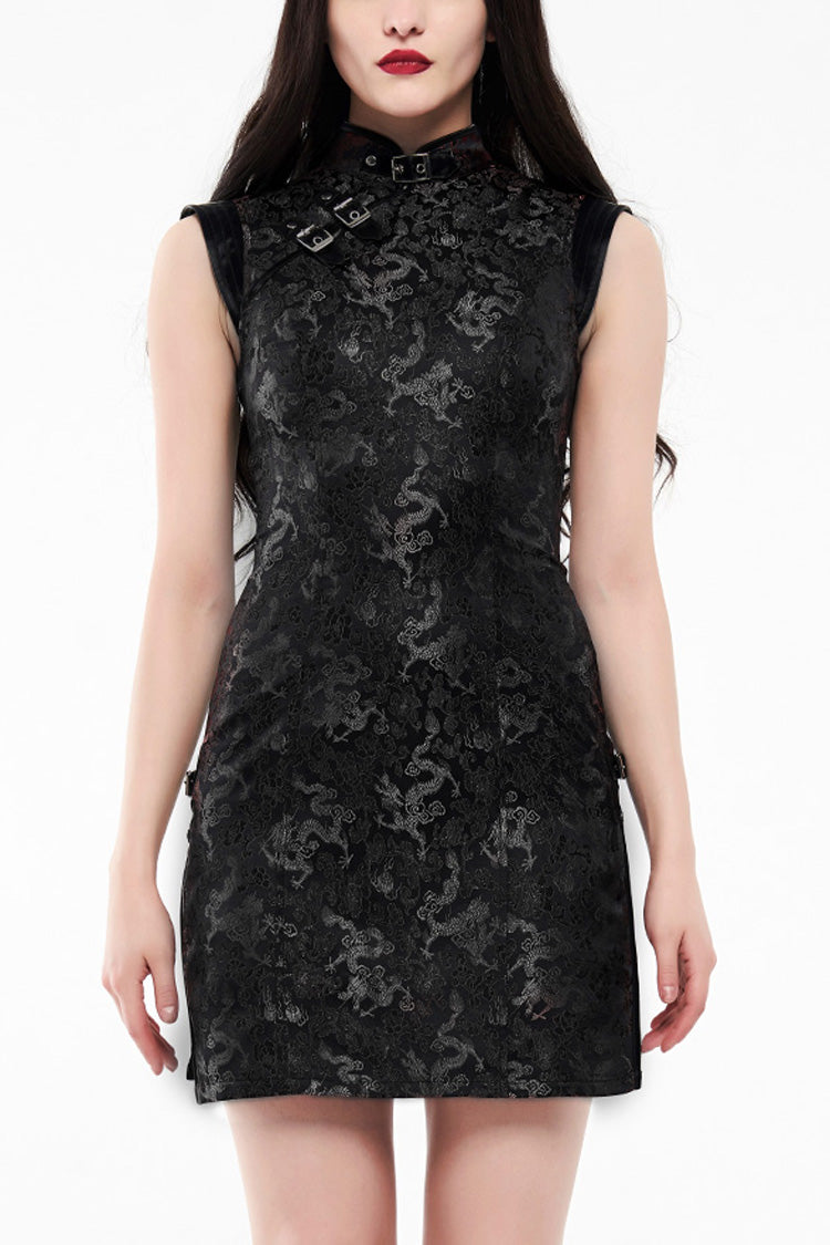 Jacquard Dragon Print Slim Women's Gothic Cheongsam Dress 2 Colors - Black - 1