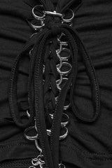 Black Short Sleeves Hollow Metal Chain Womens Steampunk Halterneck T-Shirt - Product - 6