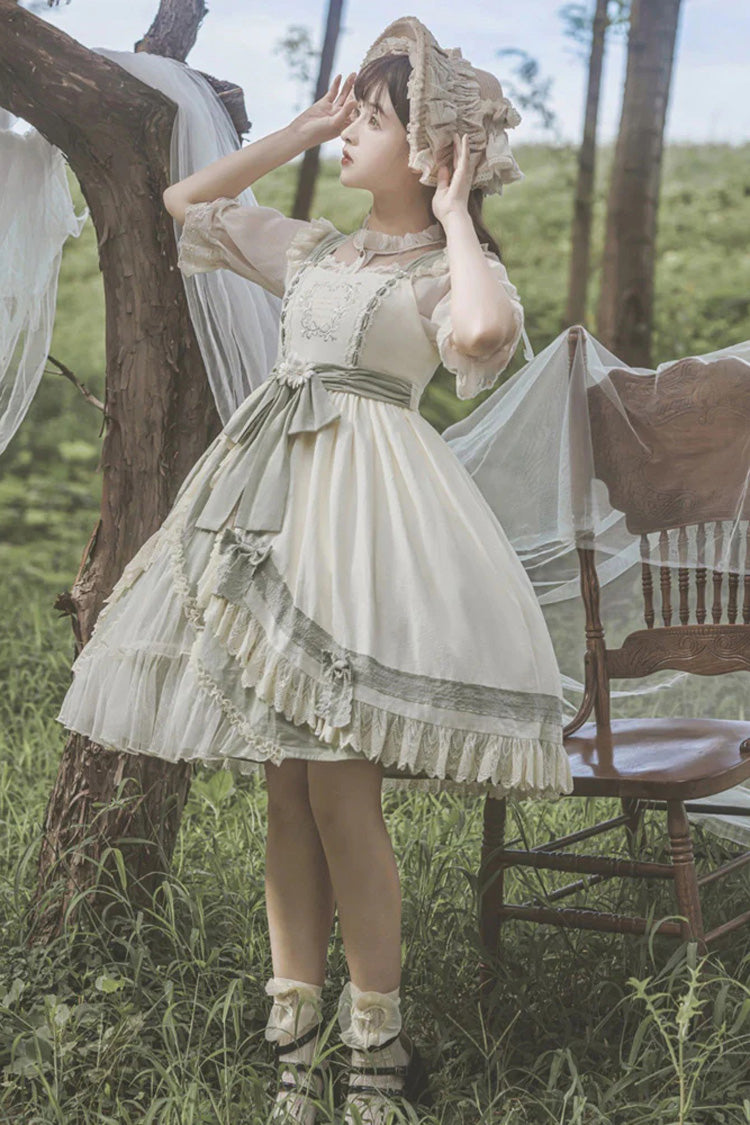 White/Green Country Style Daisy Poem Elegant Boat Neck High Waisted Sweet Lolita Jsk Dress - Product - 4
