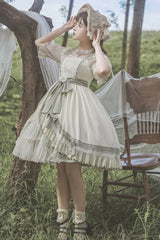 White/Green Country Style Daisy Poem Elegant Boat Neck High Waisted Sweet Lolita Jsk Dress - Product - 4