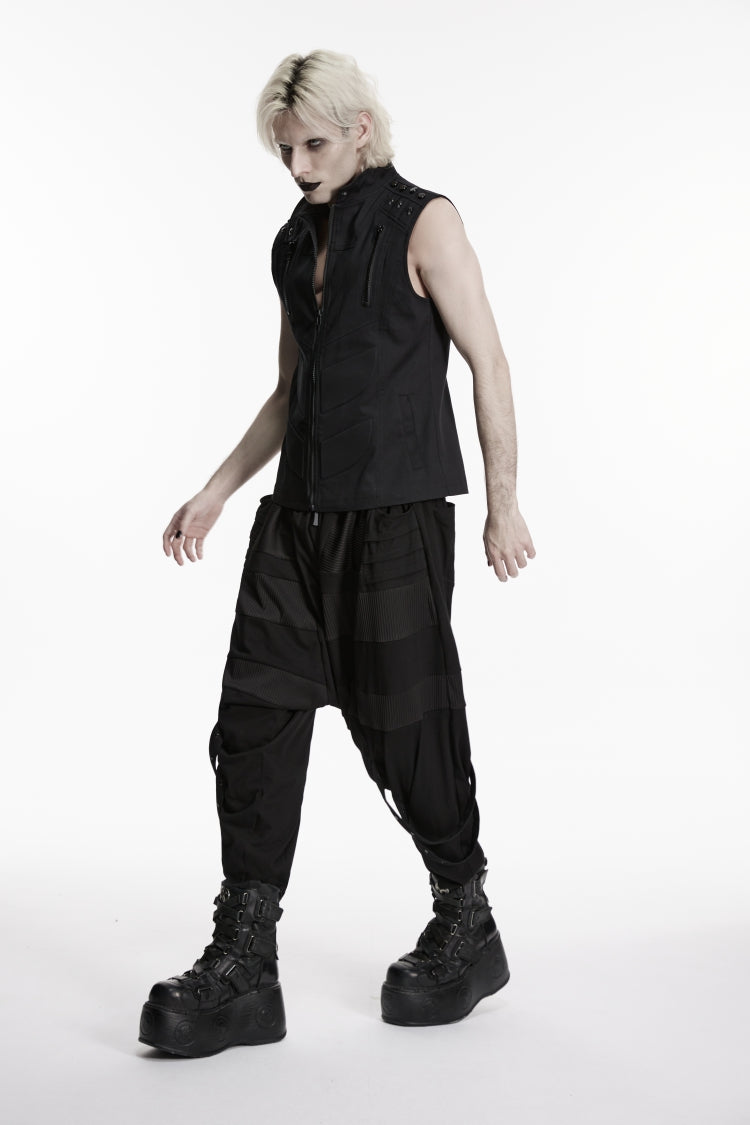Black Stand Collar Sleeveless Studded Zippered Men's Punk Handsome Vest - Product - 7