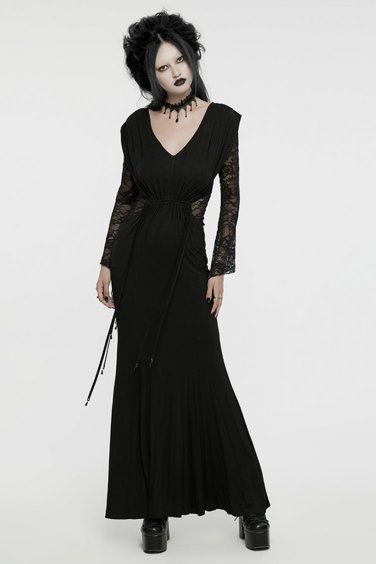 Black V Collar Long Sleeves Stitching Lace Women's Gothic Drawstring Honeymoon Dress - Product - 4