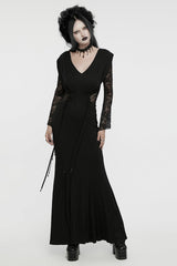Black V Collar Long Sleeves Stitching Lace Women's Gothic Drawstring Honeymoon Dress - Product - 4