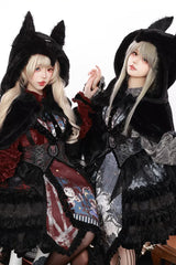 [Werewolf] Fairy Tale Lapel Collar Long Sleeves Printed Ruffled Open-Front Lace Heavy-Detailed Gothic Lolita Skirt Set (Red, Grey, Purple) - Product - 8