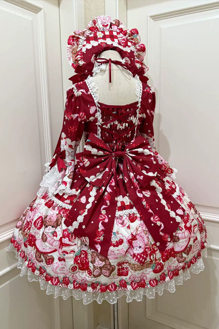 Red [Sweet Berry Bunny Bear] Half Sleeves Printed Bow Lace Lace-Up Sweet Lolita OP Dress - Product - 2