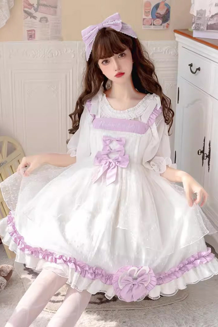 White/Purple Song of Mist and Gauze Ruffle Bowknot Sweet Lolita Dress - White/Purple - 1