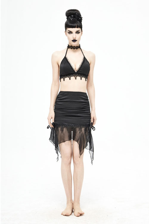 Black Translucent Chiffon Lace Hem Side Lace Up Cover Hip Gothic Swimsuit Fishtail Skirt - Product - 8