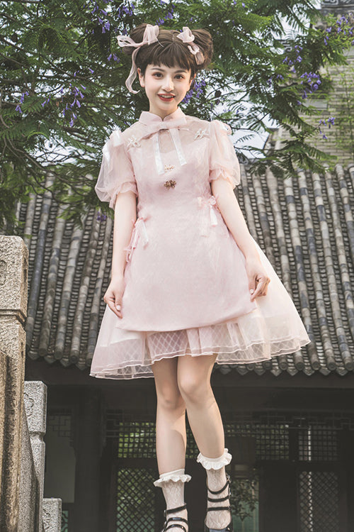 Chinese Style Stand Collar Lace Puff Short Sleeve Delicate Sweet Lolita Dress - Product - 5