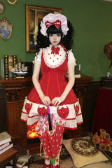 [Miss Peculiar Strawberry] Stand Collar Sleeveless Printed Bow Sweet Lolita Dress 2 Colors (Red, Blue/Black) - Product - 8