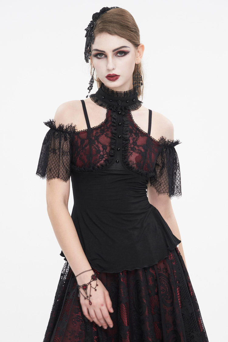 Black/Red Off Shoulder Lace Round Collar Splice Women's Gothic Shirt - Black/Red - 1