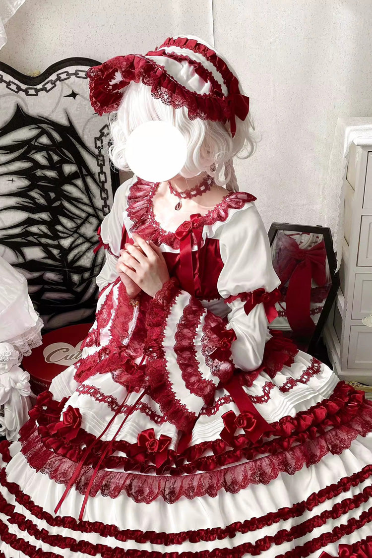 White/Red [Layered Red Velvet] Short Sleeves Ruffle Bowknot Lace Sweet Lolita Dress - Product - 5