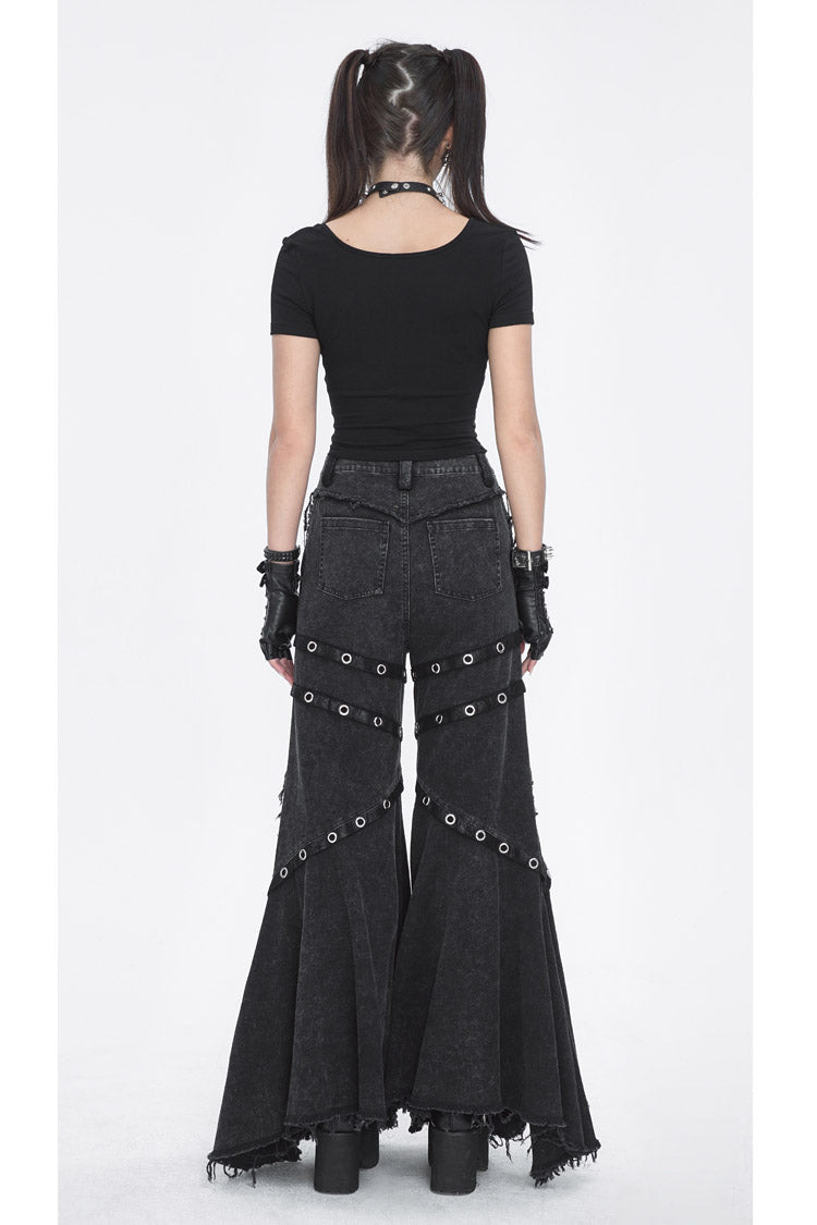 Black Mesh Eyelets Ruffled Flared Womens Punk Pants - Product - 7