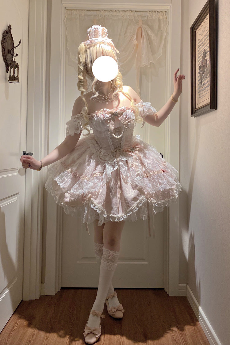 Pink [Anna’s Ball] Square Collar Ruffled Hanayome Bow Lace Sweet Princess Ballet Lolita Jsk Dress - Pink - 1