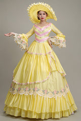 Yellow Hime Sleeves High Waisted Lace Stitching Hollow Floral Print Ruffled Multi-Layer Victorian Lolita Prom Tiered Dress - Product - 3