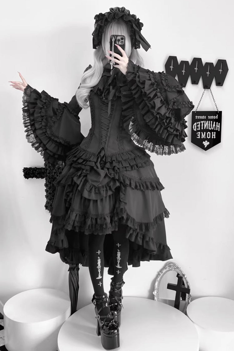 Black [Immortal Phoenix] Long Hime Sleeves Multi-Layered Ruffled Bow Lace-Up Gothic Lolita Skirt Dress Set - Product - 9