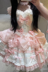 White/Pink Sleeveless Triple-Layered Ruffled Bow Lace Sweet Princess Ballet Lolita Jsk Dress - Product - 4