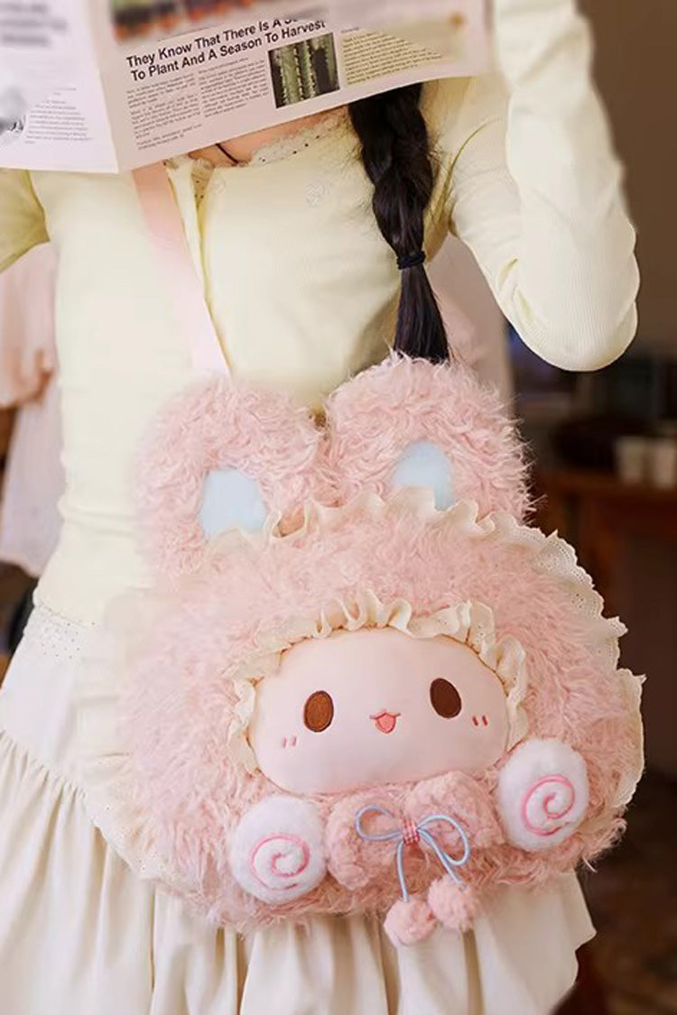 Pink Rabbit Ruffled Plush Toy Sweet Lolita Backpack - Product - 4