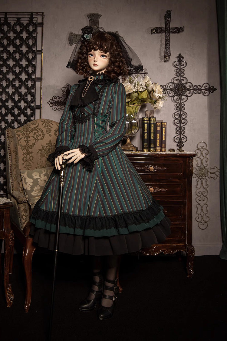 Point Manor Stand Collar Long Sleeves Multi-layer Striped Print Ruffle Gothic Lolita Dress 4 Colors - Product - 2