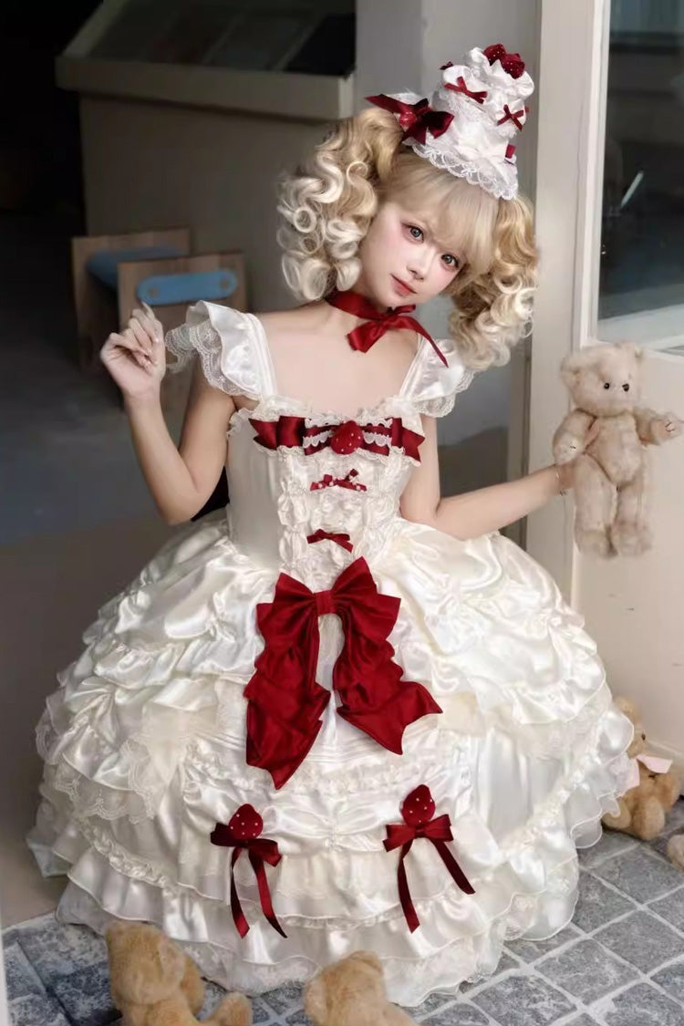 Apricot [Berry Endless] Square Collar Sleeveless Multi-Layered Ruffled Embroidered Bow Lace Sweet Lolita Jsk Dress - Product - 6