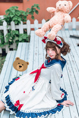 White College Style Navy Collar Chiffon Sea White Bear Print Bowknot Ruffled Sweet Lolita OP Dress - Product - 5